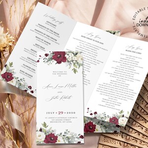 Editable Wedding Program Template, INSTANT DOWNLOAD, Red and White Wedding Ceremony Program, Foldable, DYI Printable Schedule, W26