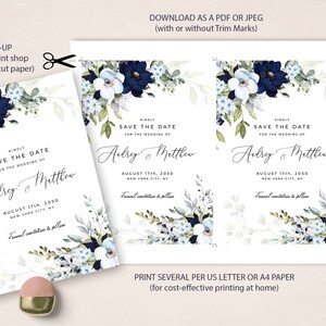 May include: A save the date card with a watercolor floral design in shades of blue and white. The text reads "Kindly Save the Date for the Wedding of Audrey & Matthew August 17th, 2050 New York City, NY Formal Invitation to Follow".
