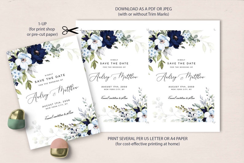 May include: A save the date card with a watercolor floral design in shades of blue and white. The text reads "Kindly Save the Date for the Wedding of Audrey & Matthew August 17th, 2050 New York City, NY Formal Invitation to Follow".