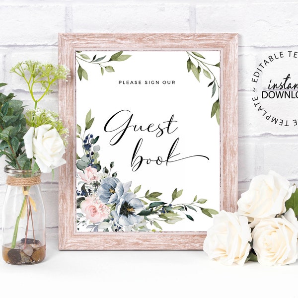 SERENE -Printable Sign Guestbook Wedding Sign Template, Editable Blue Floral Wedding Poster, Wedding Reception Decor, INSTANT DOWNLOAD, W34
