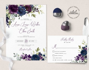 Purple and Navy Floral Wedding Invitation Template with Rsvp, INSTANT DOWNLOAD, Editable Plum Floral Wedding Invite, Mauve invitations, W205