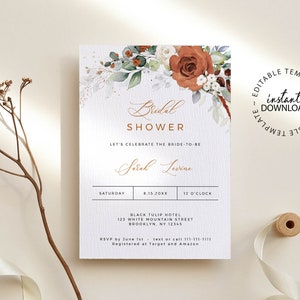 LYRA Bridal Shower Invitation, Editable Burnt Orange Bridal Shower Invite, INSTANT DOWNLOAD, Terracotta Floral Shower Invites, W179 image 7