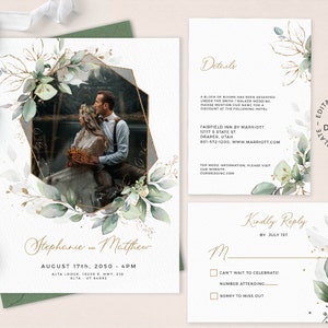 MEIRA - Gold Geometric Wedding Invitation Template, Editable Photo Wedding Invite, Picture Greenery Invites Set, INSTANT DOWNLOAD, W154