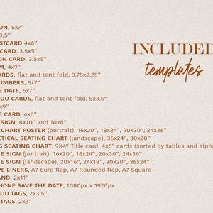May include: A list of wedding templates in various sizes, including invitations, RSVP cards, seating charts, and welcome signs. The text "INCLUDED templates" is at the top of the list.