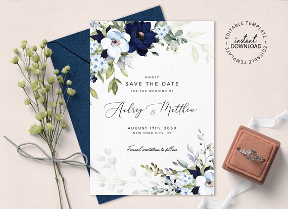 CHLOE - Light Blue Floral Save the Date Template, Editable Navy Flowers Wedding Save the Dates, INSTANT DOWNLOAD, Printable, W159
