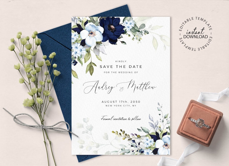 May include: A save the date card with a watercolor floral design in shades of blue and green. The text reads "Kindly Save the Date for the Wedding of Aubrey & Matthew August 17th, 2050 New York City, NY Formal invitation to follow"