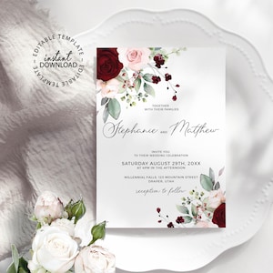 Roses Wedding Invitation template, Editable, INSTANT DOWNLOAD, Dark red and blush pink floral invite, W168
