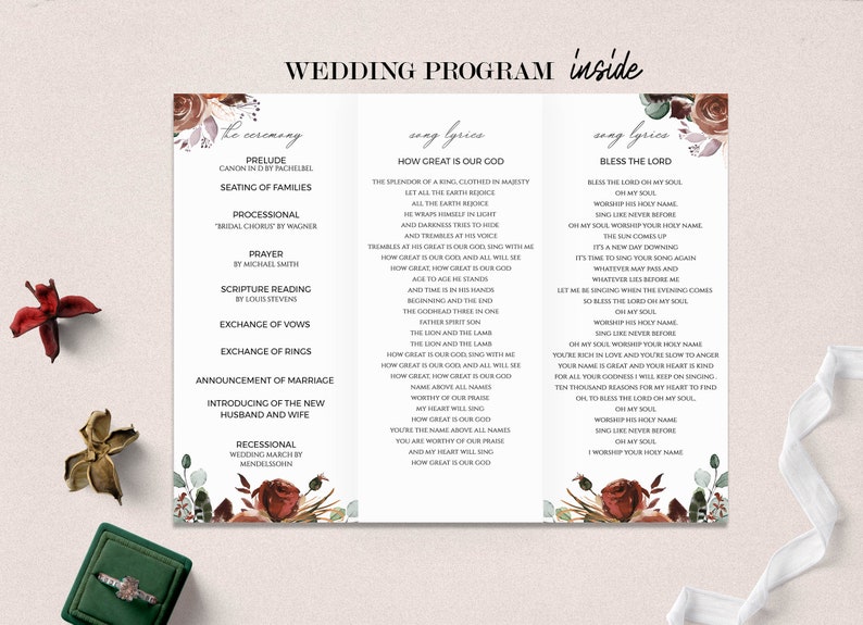 Editable Wedding Program Template, INSTANT DOWNLOAD, Fall Floral Catholic Folded Program, Burnt Orange and Rust Wedding Schedule , W151 bild 3