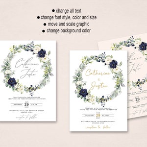 May include: A wedding invitation featuring a watercolour wreath of white and blue flowers and greenery. The text reads "Catherine & Justin" in gold script font. The invitation includes the date, time, and location of the wedding ceremony and reception.