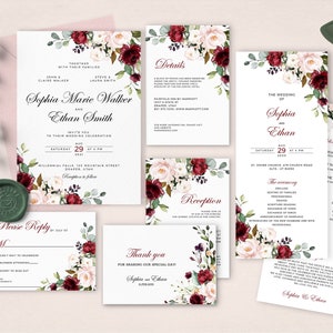 Burgundy and Pink Floral Wedding Invitation Set, Editable Wedding Invite Collection, Dark Red Wedding Invites, INSTANT DOWNLOAD, W94