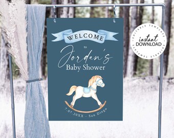 May include: Blue and white baby shower welcome sign with a rocking horse illustration and the text "Welcome to Jordan's Baby Shower 7.07.20XX - San Diego".