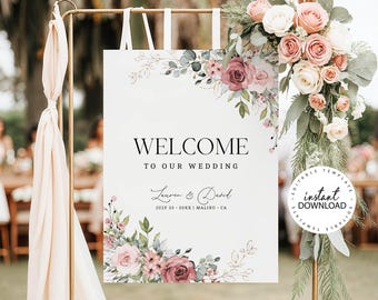 Floral Welcome Sign Template: Editable Wedding Welcome Poster, Baby or Bridal Shower Sign, 18x24 in & 24x36 in, Instant Download (W25)