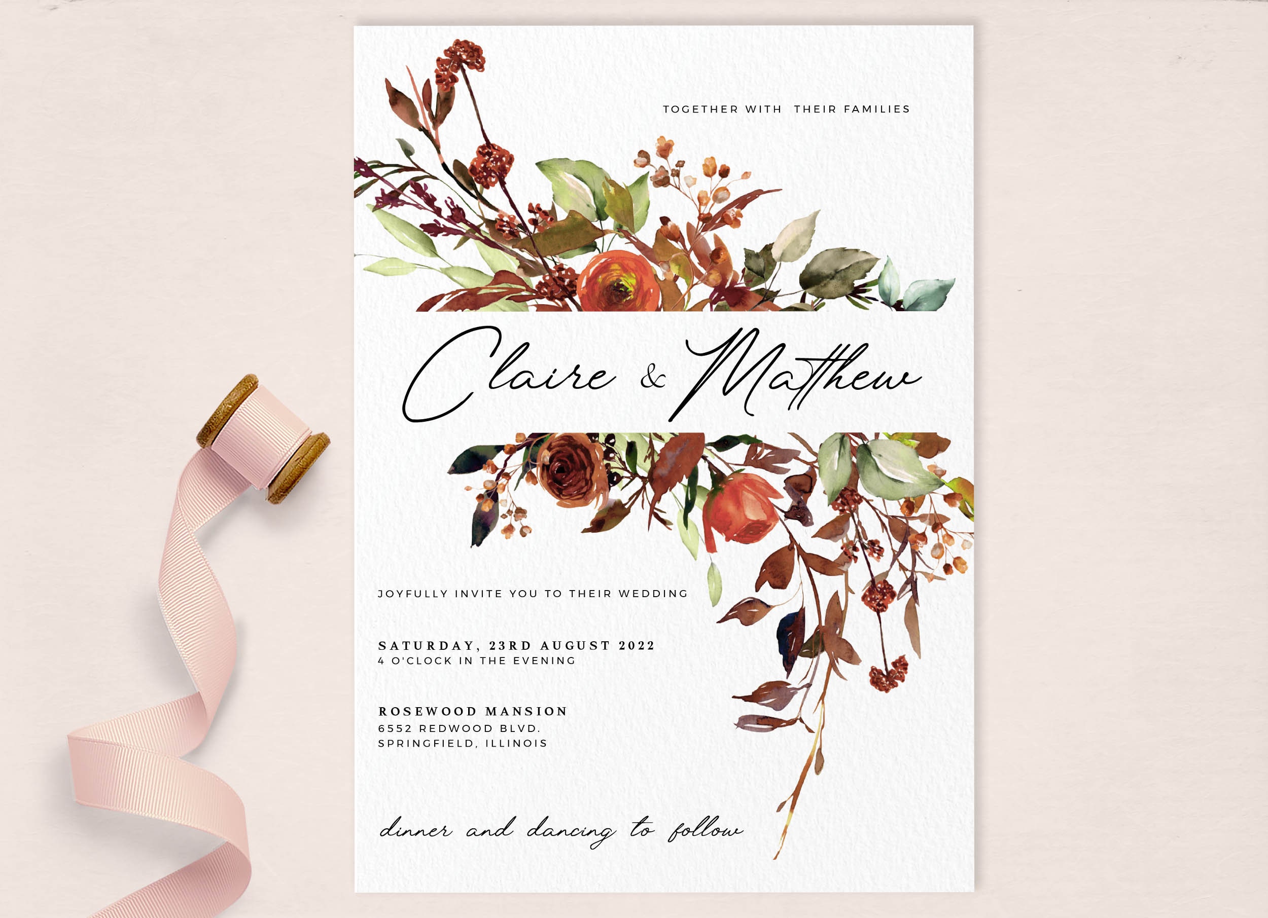 Burnt orange floral Wedding Invitation template Editable Etsy