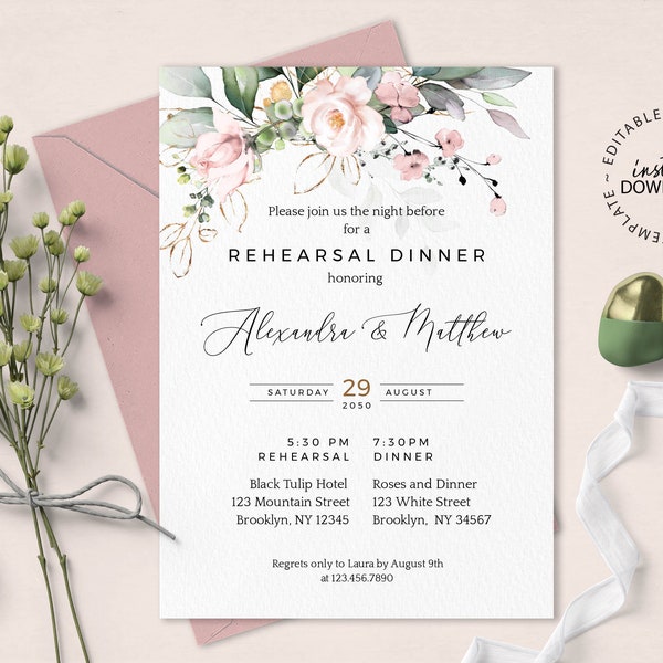 MILA - Pale Rose Rehearsal Dinner Invitation Template, INSTANT DOWNLOAD, Editable Wedding Rehearsal Invite, Blush Floral Invites, W124