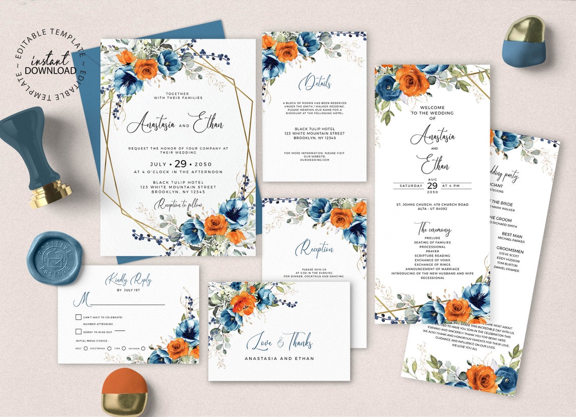 Blue and Orange Floral Wedding Invitation Set Editable image 1