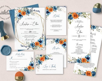 Blue and Orange Floral Wedding Invitation Set, Editable Template, INSTANT DOWNLOAD, Faux Gold  and Orange Wedding Invite Bundle, W202