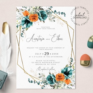 Editable Floral Wedding Invitation Template, INSTANT DOWNLOAD, Orange and Teal Green Wedding Invite, Faux Gold Hexagon Invites,  W209