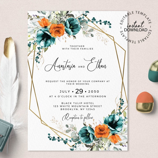 Editable Floral Wedding Invitation Template, INSTANT DOWNLOAD, Orange and Teal Green Wedding Invite, Faux Gold Hexagon Invites,  W209