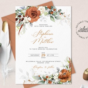 LYRA - Editable Burnt Orange Wedding Invitation Template, INSTANT DOWNLOAD, Terracotta Floral Wedding Invite, Orange Floral Invites, W179
