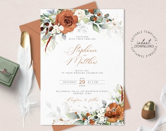 LYRA - Editable Burnt Orange Wedding Invitation Template, INSTANT DOWNLOAD, Terracotta Floral Wedding Invite, Orange Floral Invites, W179