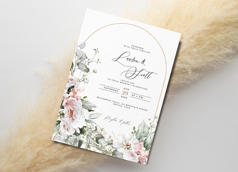 May include: A wedding invitation with a floral design. The invitation is white with gold accents and features a floral wreath with pink and white flowers. The text on the invitation reads "Together with their families, Lauren & Scott, Invite you to their wedding celebration, Saturday, Aug 29, 2056, at 4 PM, Millennial Falls, 123 Mountain Street, Draper, Utah, RSVP to follow".