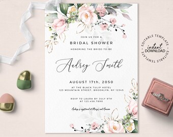 Może przedstawiać: Białe zaproszenie na wieczór panieński z złotymi akcentami i akwarelowymi ilustracjami kwiatowymi. Tekst brzmi "Join us for a Bridal Shower Honoring the Bride-to-be Aubrey Smith August 17th, 2050 at the Black Tulip Hotel 123 Mountain Street, Brooklyn, NY 12345 RSVP to Laura by July 9th at 123.456.7890 Aubrey is registered at Macy's and Amazon".