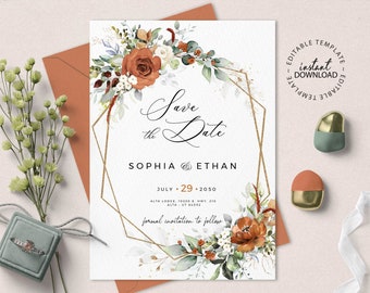 LYRA - Burnt Orange Save the Date Template, Editable Geometric Save the Date, Terracotta and Faux Gold Save the Date, INSTANT DOWNLOAD, W179