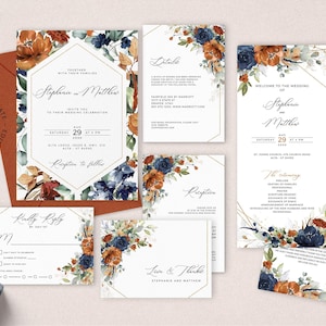 SIA - Editable Burnt Orange and Faux Gold Wedding Invitation Set, INSTANT DOWNLOAD, Fall Floral Invite, Rsvp Details Card Program, W208
