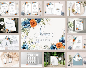 SIENNA - Orange and Blue Wedding Invitation Set, Editable Invitation Collection, INSTANT DOWNLOAD, Floral Wedding Invite Template, W202