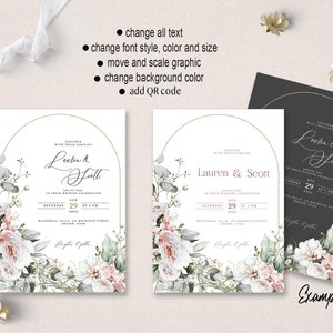 May include: Three wedding invitation designs with a floral theme. The first design has a white background with a gold arch and floral accents. The second design has a white background with a gold arch and floral accents. The third design has a black background with a gold arch and floral accents. The text on the invitations reads "Lauren & Scott" and "Together with their families".
