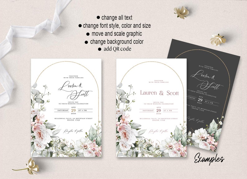 May include: Three wedding invitation designs with a floral theme. The first design has a white background with a gold arch and floral accents. The second design has a white background with a gold arch and floral accents. The third design has a black background with a gold arch and floral accents. The text on the invitations reads "Lauren & Scott" and "Together with their families".