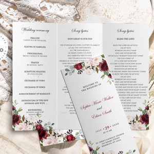 Trifold Wedding Program, 100% Editable Template, INSTANT DOWNLOAD, Burgundy and Blush Floral Program, Catholic Church Roses Program, W94