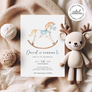 Rocking Horse Boy Birthday Invitation, Editable Boy Party Invites, Horse Toy Invitations, INSTANT DOWNLOAD, Printable Invitation, W210
