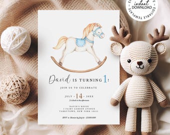 Rocking Horse Boy Birthday Invitation, Editable Boy Party Invites, Horse Toy Invitations, INSTANT DOWNLOAD, Printable Invitation, W210