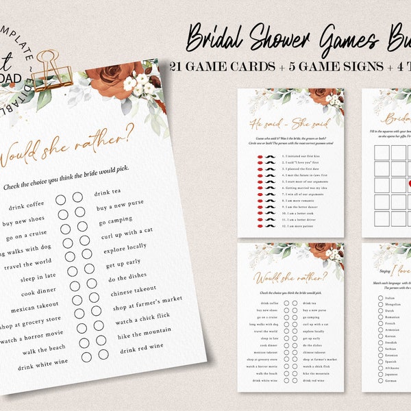 LYRA - Editable Bridal Shower Games, Burnt Orange Wedding Shower Games Bundle, Instant Download, Printable, Bridal Party Games, W179