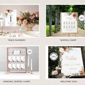 May include: Set of printable wedding signs with a floral design in shades of orange, white, and green. The signs include table numbers, a seating chart, a hanging seating chart, and a welcome sign. The signs are editable and can be personalized with your own text.