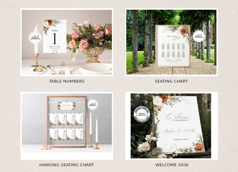 May include: Set of printable wedding signs with a floral design in shades of orange, white, and green. The signs include table numbers, a seating chart, a hanging seating chart, and a welcome sign. The signs are editable and can be personalized with your own text.
