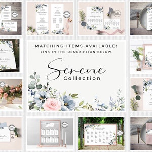 May include: A collection of wedding stationery featuring a watercolor floral design with blue and pink flowers. The stationery includes invitations, save the dates, menus, table numbers, and a welcome sign. The design is called the "Serene Collection".