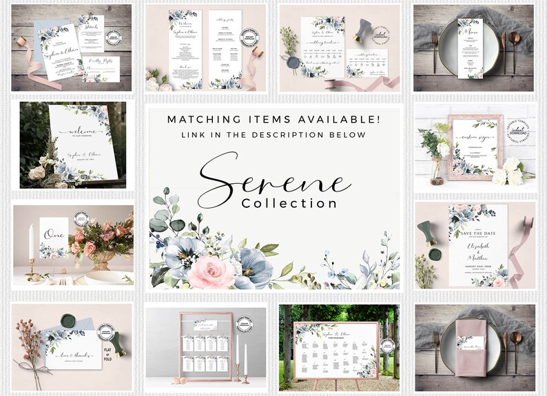 May include: A collection of wedding stationery featuring a watercolor floral design with blue and pink flowers. The stationery includes invitations, save the dates, menus, table numbers, and a welcome sign. The design is called the "Serene Collection".