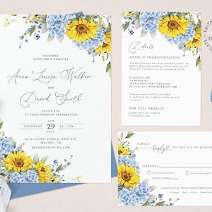Editable Wedding Invitation Set with Sunflowers, INSTANT DOWNLOAD, Blue and Yellow Wedding Invite, Rsvp and Details Card Templates, W269