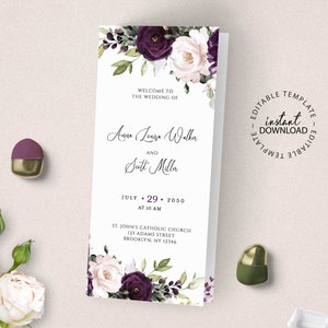 May include: A wedding invitation template with a floral design featuring purple and white flowers. The text reads "Welcome to the wedding of Anna Louise Waller and Scott Miller, July 29, 2050 at 10 AM, St. John's Catholic Church, 123 Adams Street, Brooklyn, NY 12346". The text "Editable Template Instant Download" is in a circle.