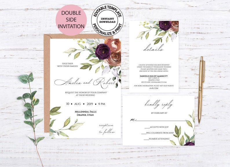 Fall floral wedding invitation W72 Watercolour greenery and roses invitation set Autumn floral invitation Editable template
