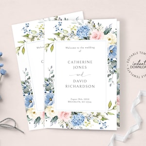 May include: Wedding invitation with blue, pink, and white floral design. The invitation includes the names Catherine Jones and David Richardson, the wedding date, and location. The text "Welcome to the wedding of" is at the top. The words "Instant Download" are also visible.