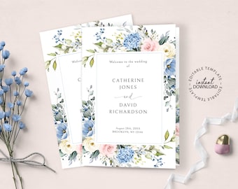 Editable Wedding Program Template, Blue Pink and White Floral Booklet Ceremony Program, INSTANT DOWNLOAD, Printable Bifold Program, W182