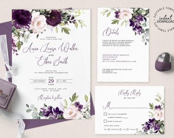 ELLIE - Purple Floral Wedding Invitation Suite, Editable Template, INSTANT DOWNLOAD, Plum and Pale Pink Invite, Rsvp and Details Card, W129