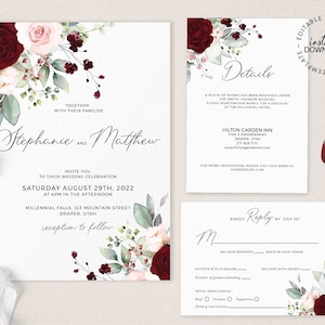 Blush and burgundy floral Wedding Invitation set, Editable templates, INSTANT DOWNLOAD, Dusty pink and dark red flowers invite, W168