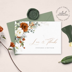 LYRA - Editable Thank You Card Template, INSTANT DOWNLOAD, Wedding Burnt Orange and White Floral Thank You Cards, Printable,  W179