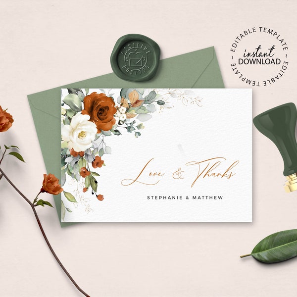 LYRA - Editable Thank You Card Template, INSTANT DOWNLOAD, Wedding Burnt Orange and White Floral Thank You Cards, Printable,  W179