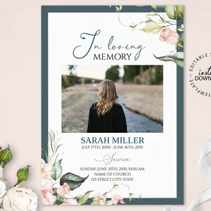 Funeral Obituary Card Template, Pale Rose Floral Funeral Card, In Loving Memory, INSTANT DOWNLOAD, Editable Obituary for Women, F178