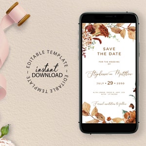 SCARLETT - 秋の花柄デジタル Save the Date テンプレート、スマートフォン用電子バーントオレンジ Save the Date Evite カード、即時ダウンロード、W89